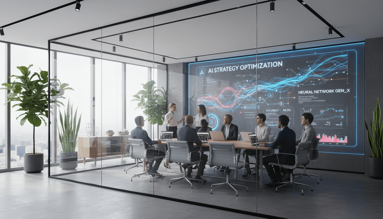 Professional team discussing AI strategy in modern office